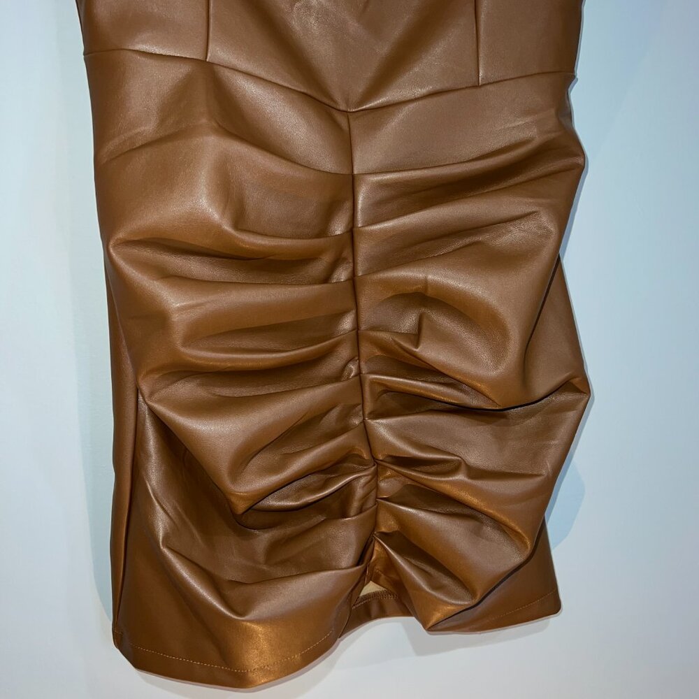 Micas Ruched Faux Leather V-Neck Bodycon Mini Dress Brown Size M - Picture 4 of 15